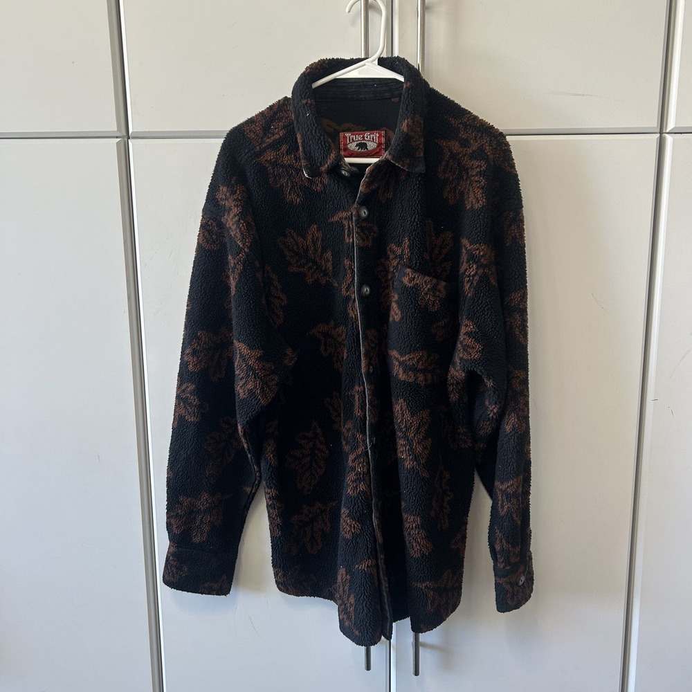 True Grit Mens XL Pile Fleece Shirt Jacket Oak Leaf Print Black Brown Button Up